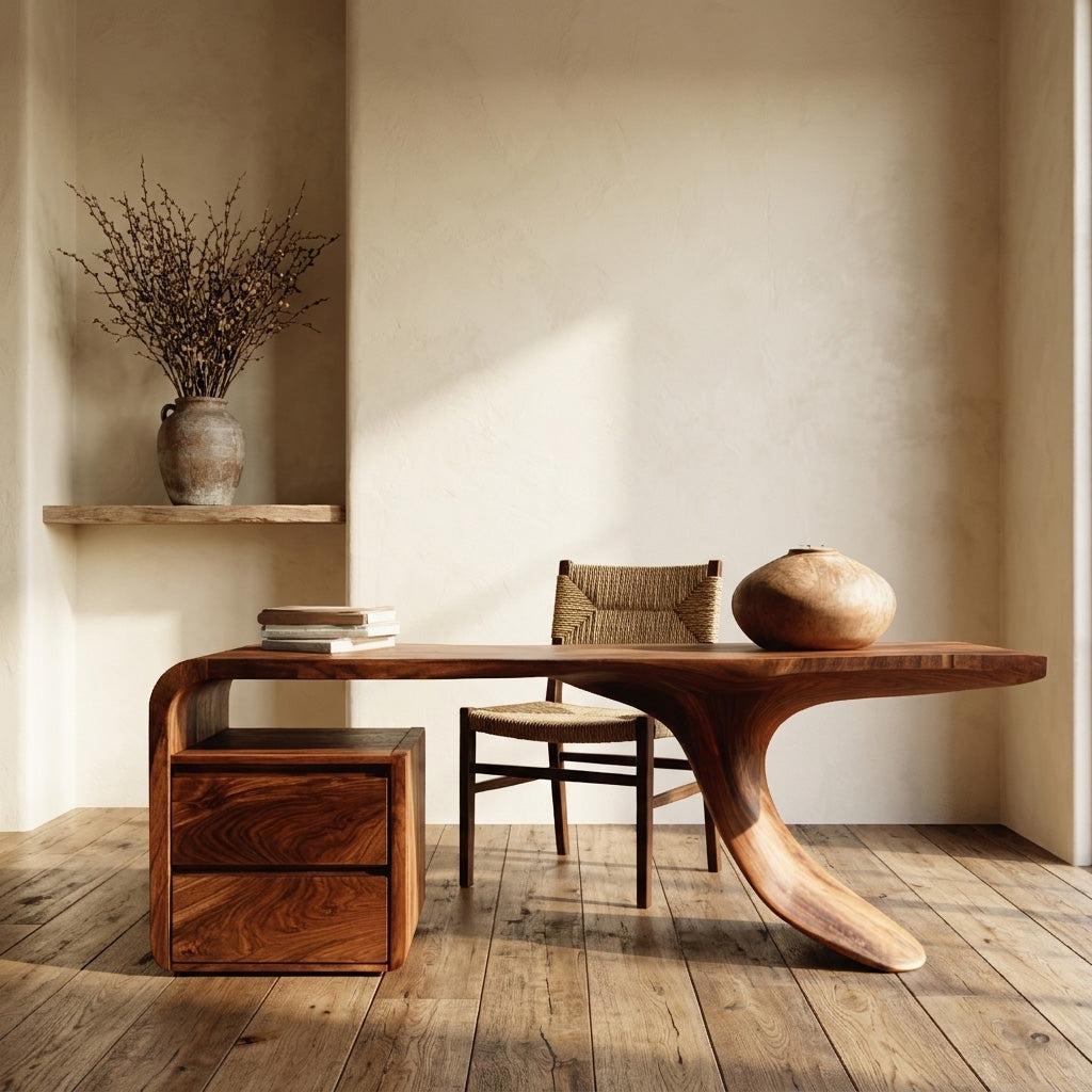 Modern Wooden Desk With Unique Curved Base For Workspace