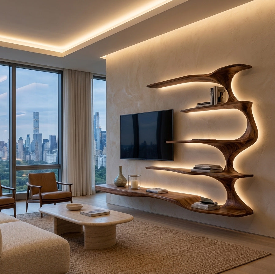 Organic Natural Wood TV Shelf For Living Space