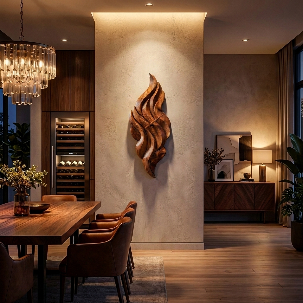 Modern Wooden Wall Clock With Sculptural Wave Carving For Interior