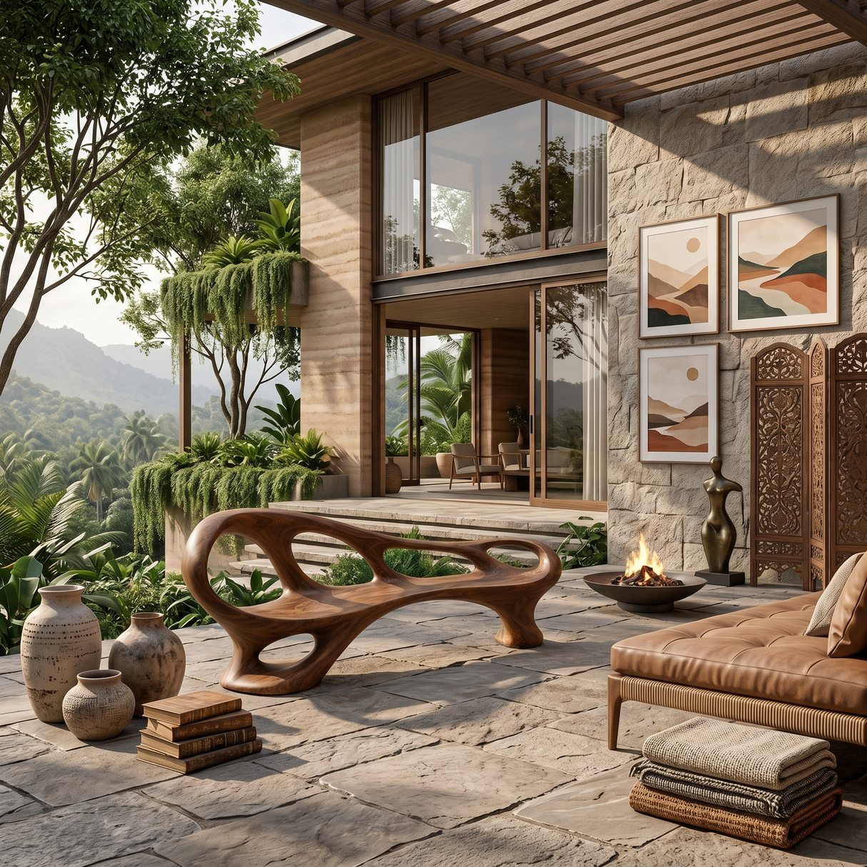 Organic Wooden Bench With Sculptural Continuous Frame For Entryway
