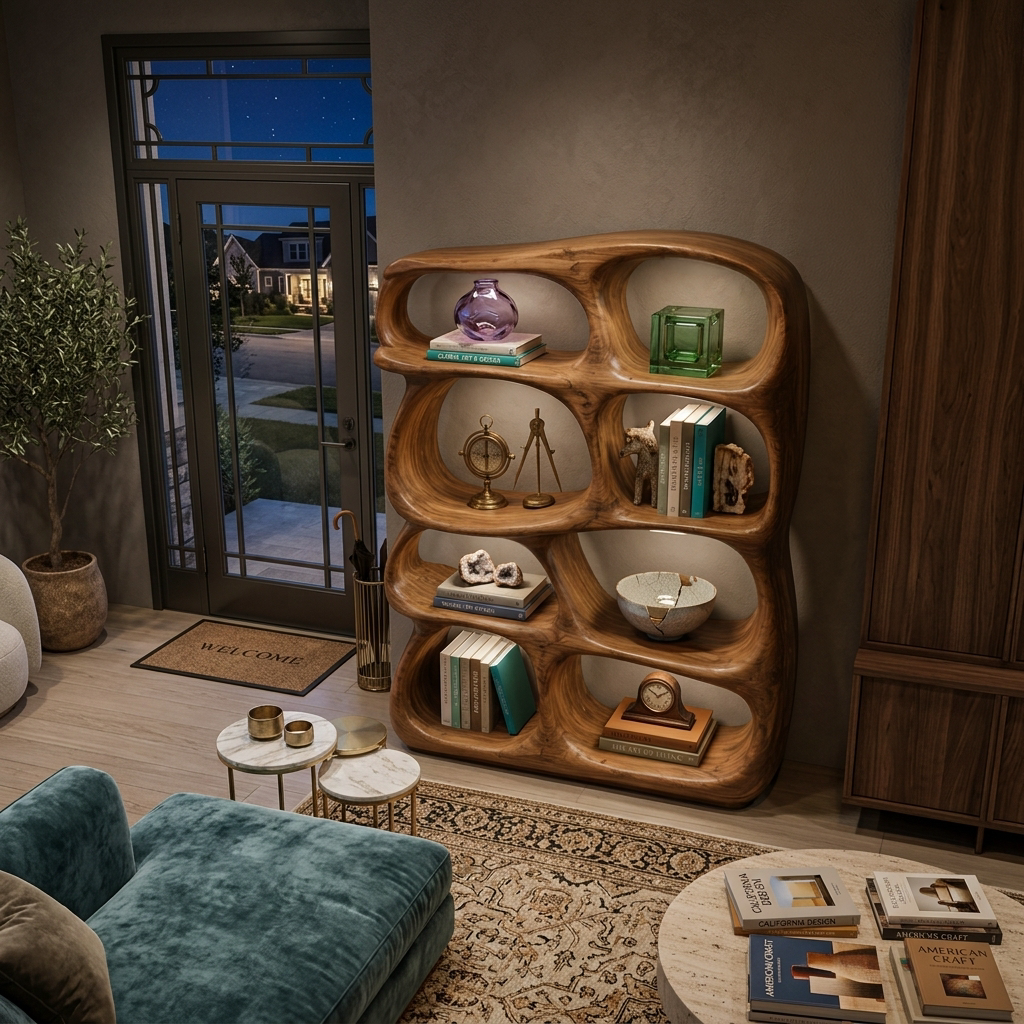 Organic Wooden Bookshelf With Sculptural Open Shelving For Living Room