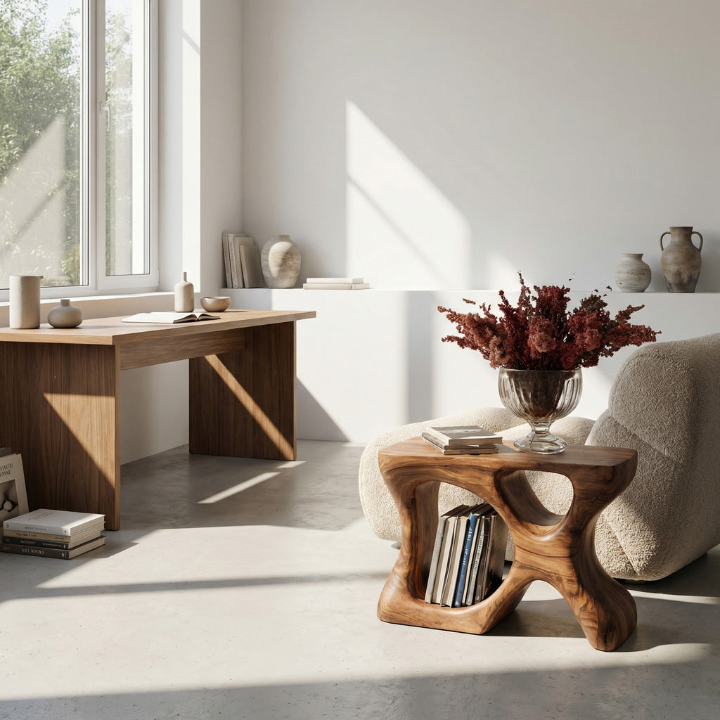 Minimalist Sculptural Wood Side Table With Organic Shape And Storage For Modern Living Room