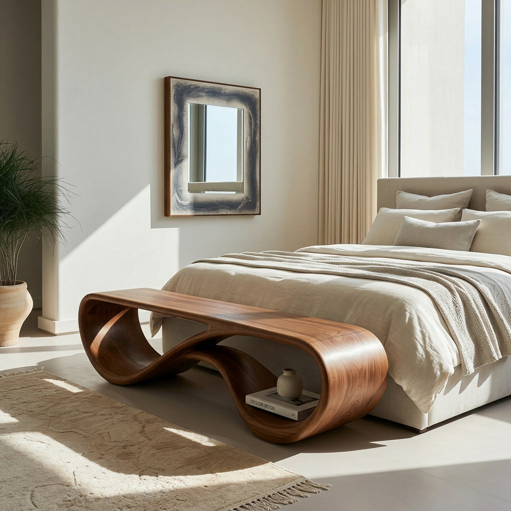 Modern Sculptural Natural Wood Bench For Entryway Decor Space