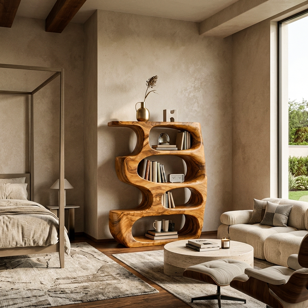 Organic Curved Wooden Bookshelf For Books Decor And Home Organization
