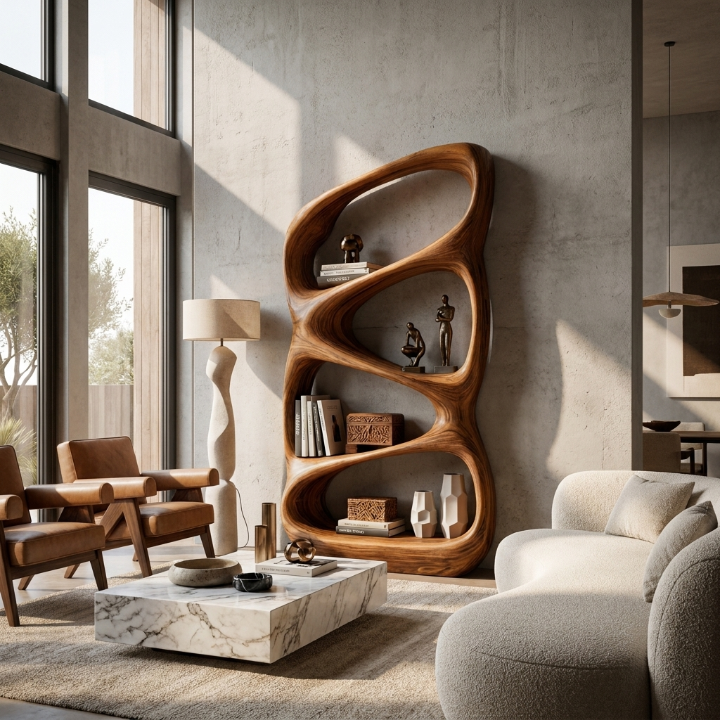 Nature Inspired Wooden Bookshelf With Organic Form For Contemporary Living