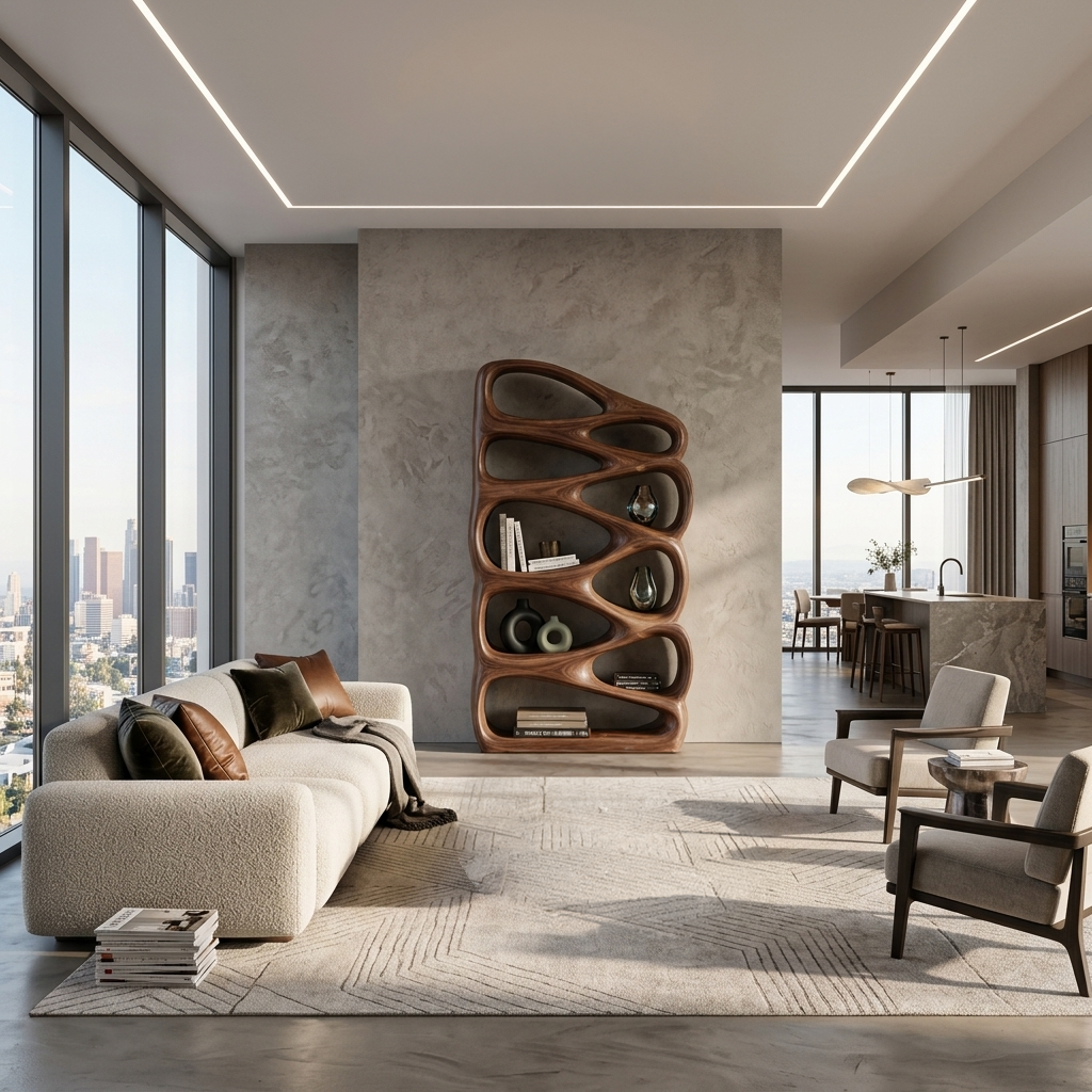 Modern Wooden Bookshelf Inspired By Organic Architecture For Living Room