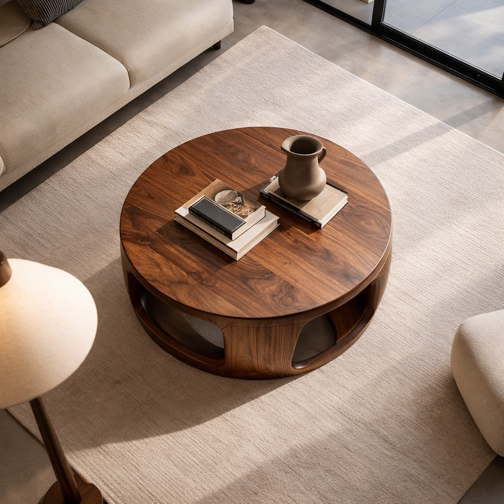 Minimal Wood Round Coffee Table With Sculptural Form For Home