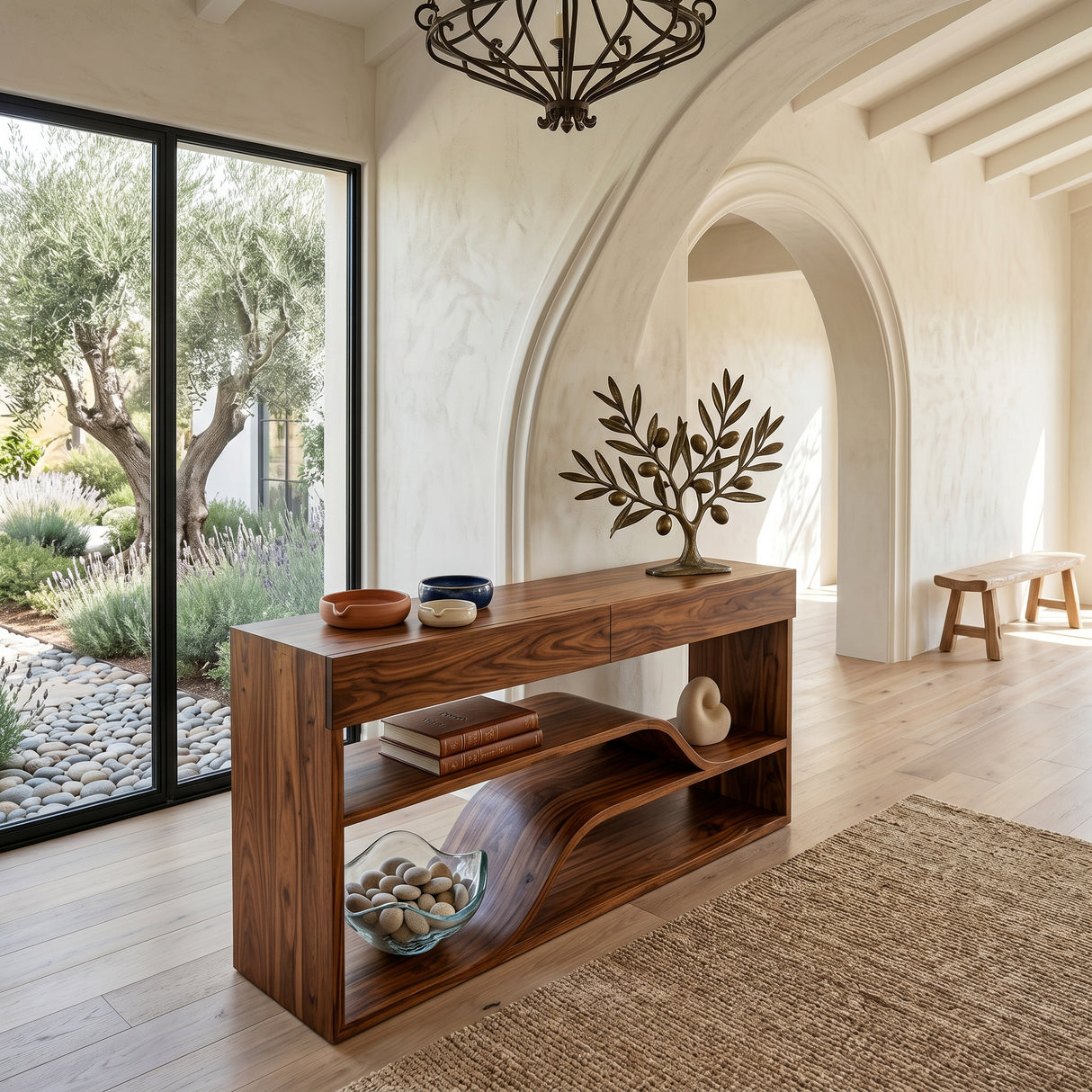Organic Wooden Console Table With Connecting Shelving Units For Entryway