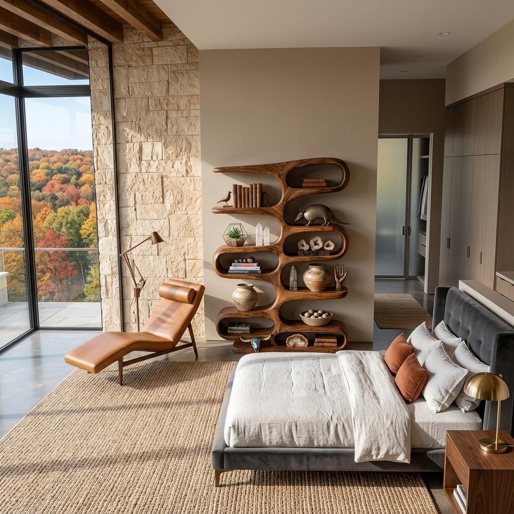 Contemporary Wooden Bookshelf With Sculptural Form For Living Room