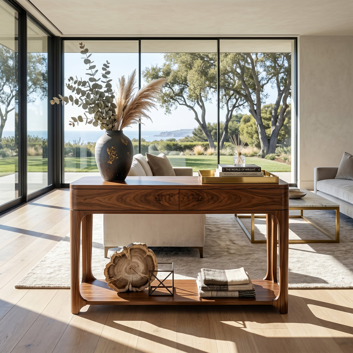 Minimalist Rounded Console Table With Two Compartments For Living Room