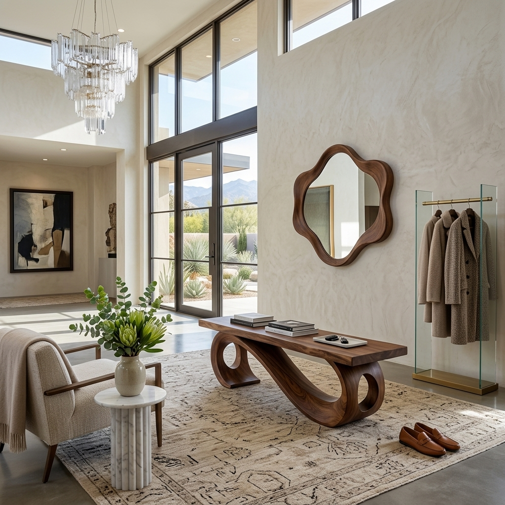 Handcrafted Wooden Sculptural Bench Curved Base Design For Hallway