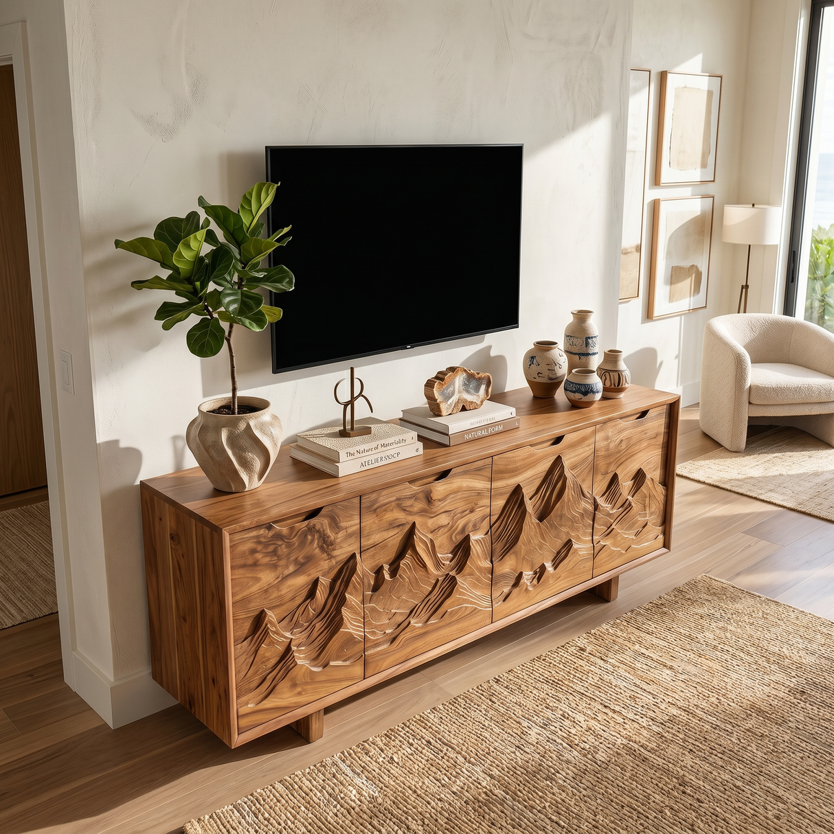 Mountain Carved Media Console For Rustic Living Room
