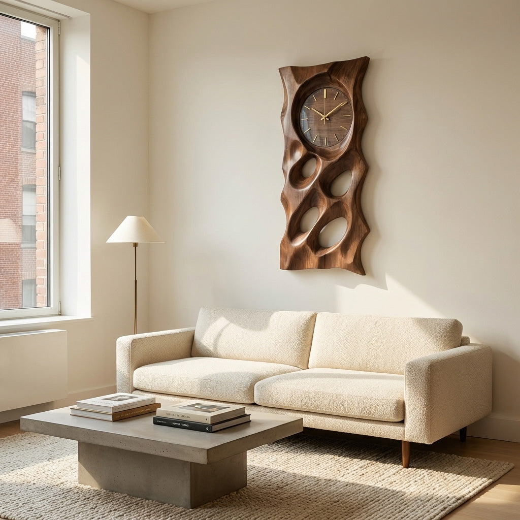 Organic Wooden Wall Clock With Hollow Form For Living Room