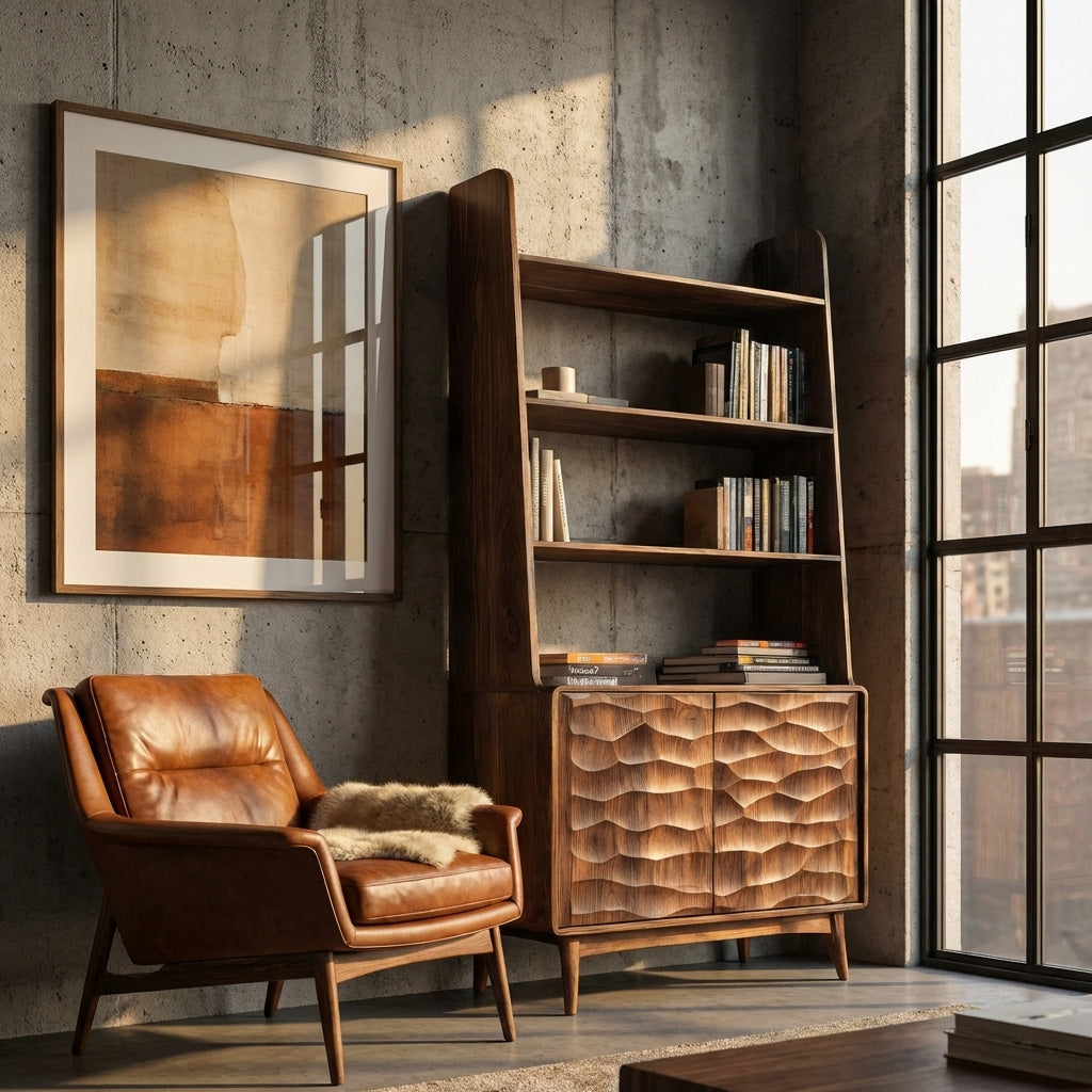 Modern Wooden Bookshelf With Carved Cabinet Doors For Home