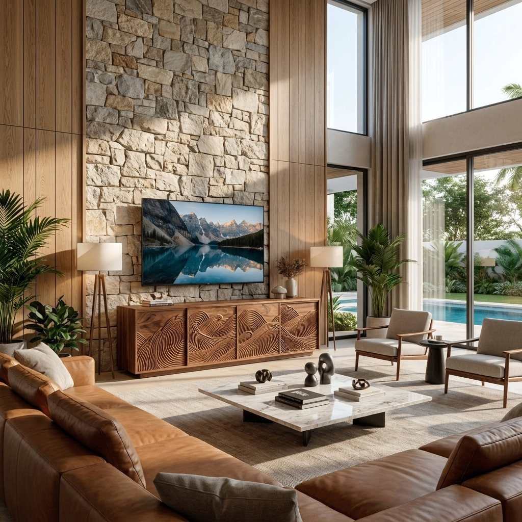 Organic TV Stand With Layered Mountain Carved Doors For Home