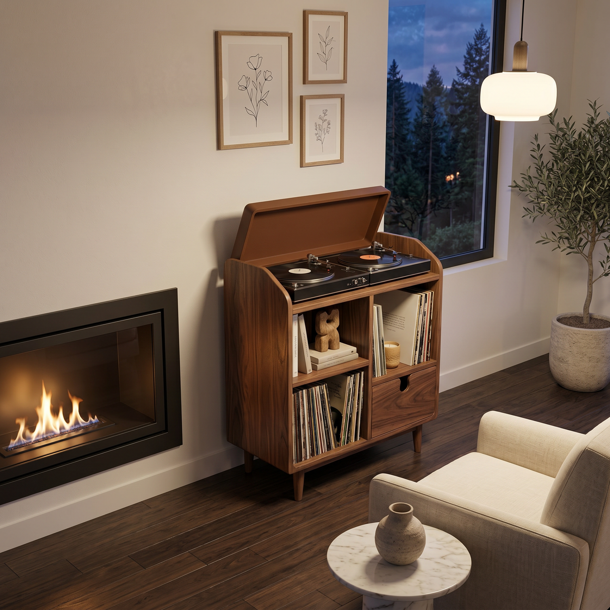Modern Wooden Record Player Stand With Multi Compartments For Interior