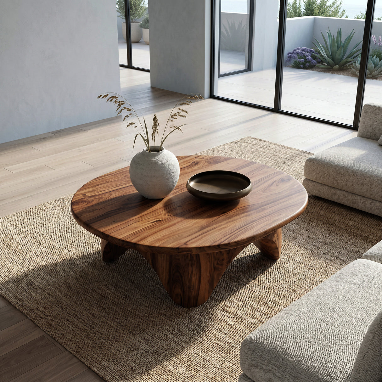 Organic Coffee Table With Carved Base For Living Room