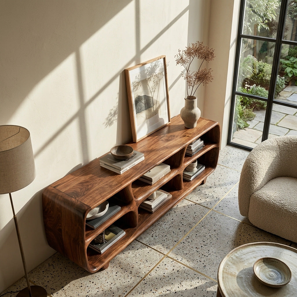 Contemporary Wooden Bookshelf With Six Display Compartments For Living Room