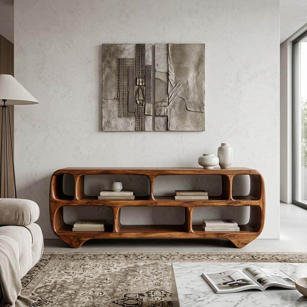 Organic Modern Rounded Low Bookshelf For Living Room