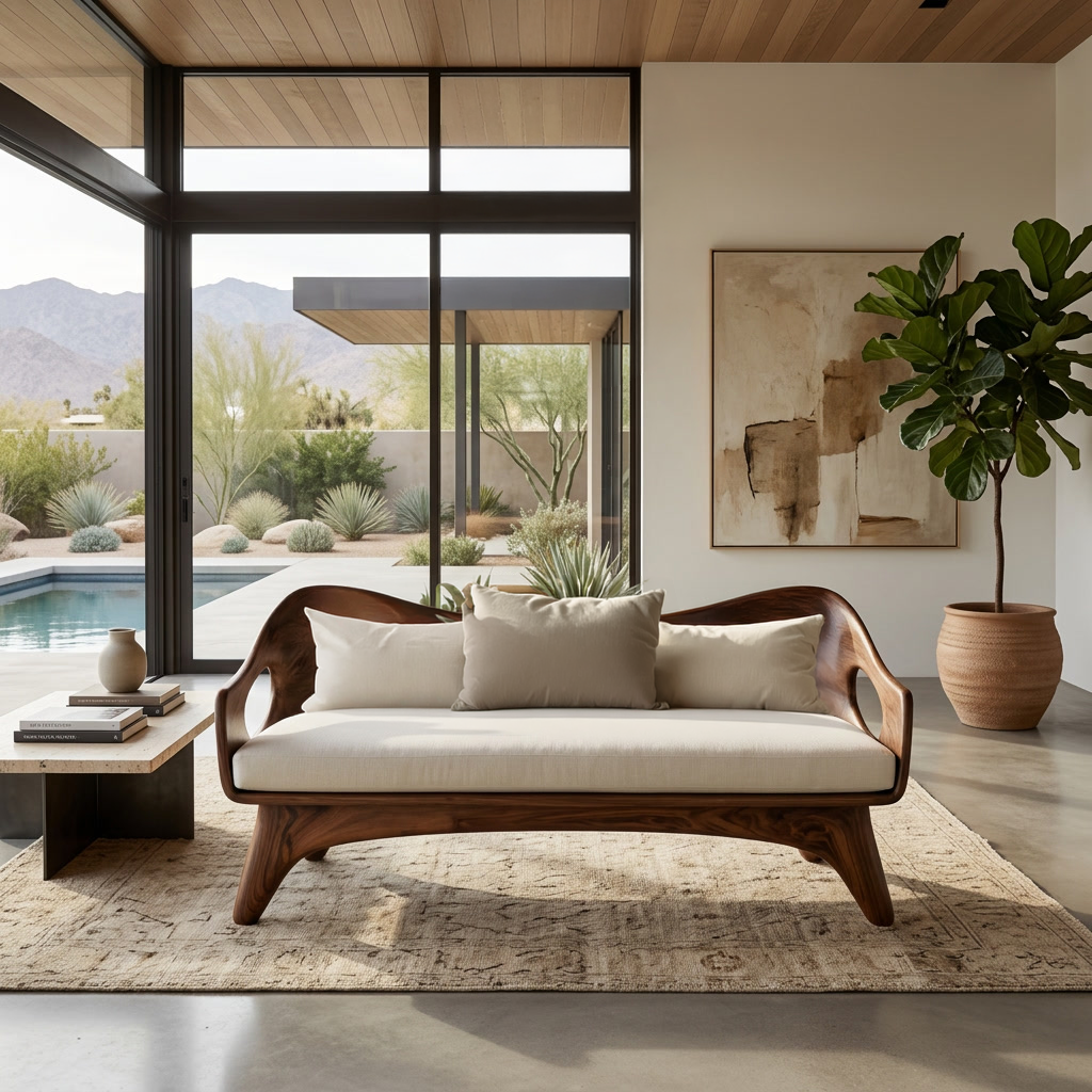Organic Wooden Sofa With Unique Backrest For Lounge