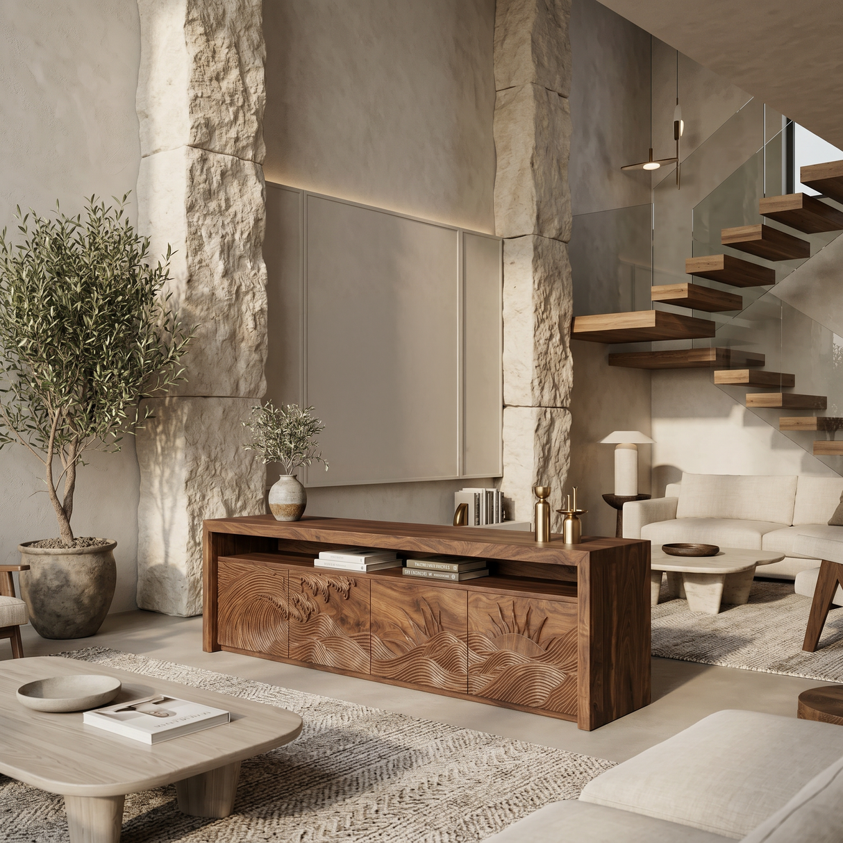 Organic TV Stand With Mountain Relief Doors For Contemporary Living