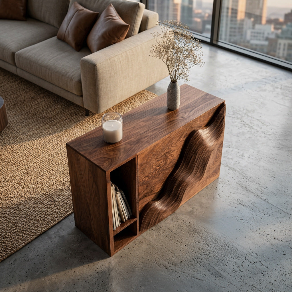 Organic Wooden Side Table With Carved Wave Front For Living
