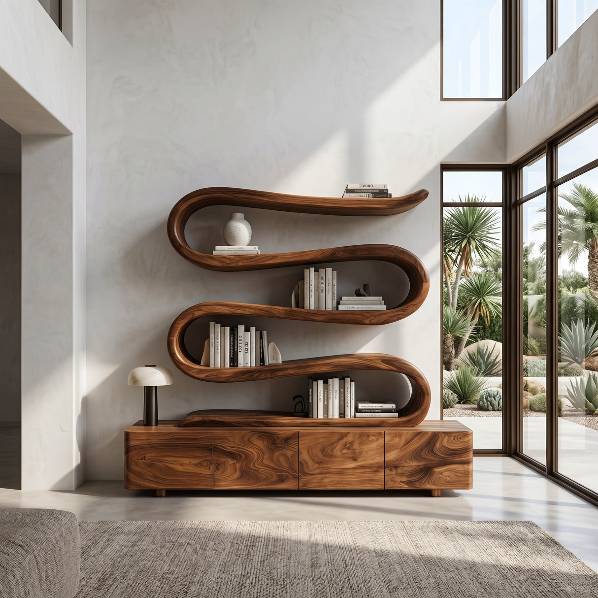 Modern Abstract Bookshelf With Undulating Shelf For Living Room