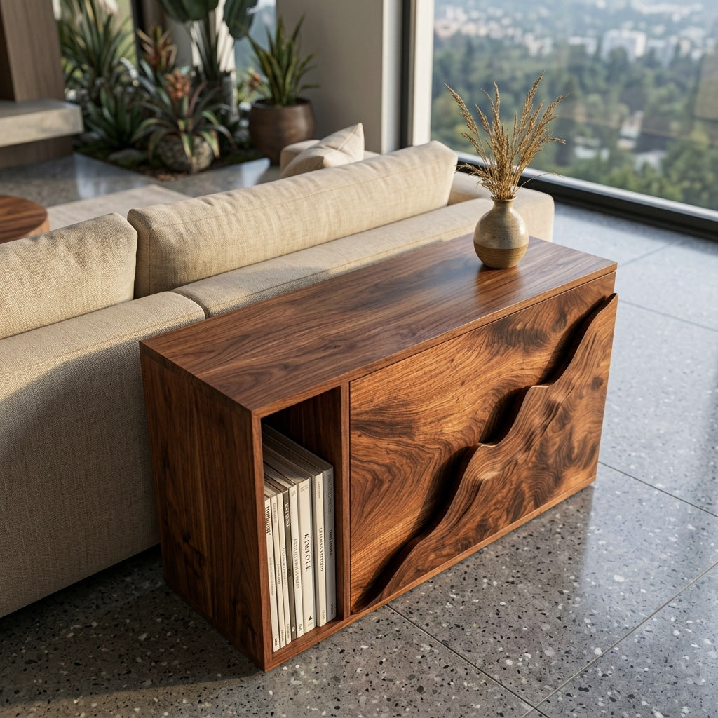 Organic Natural Wood Carved Front Side Table For Living Room