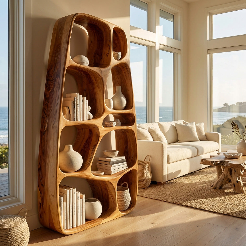 Handcrafted Wooden Sculptural Bookshelf For Living Room