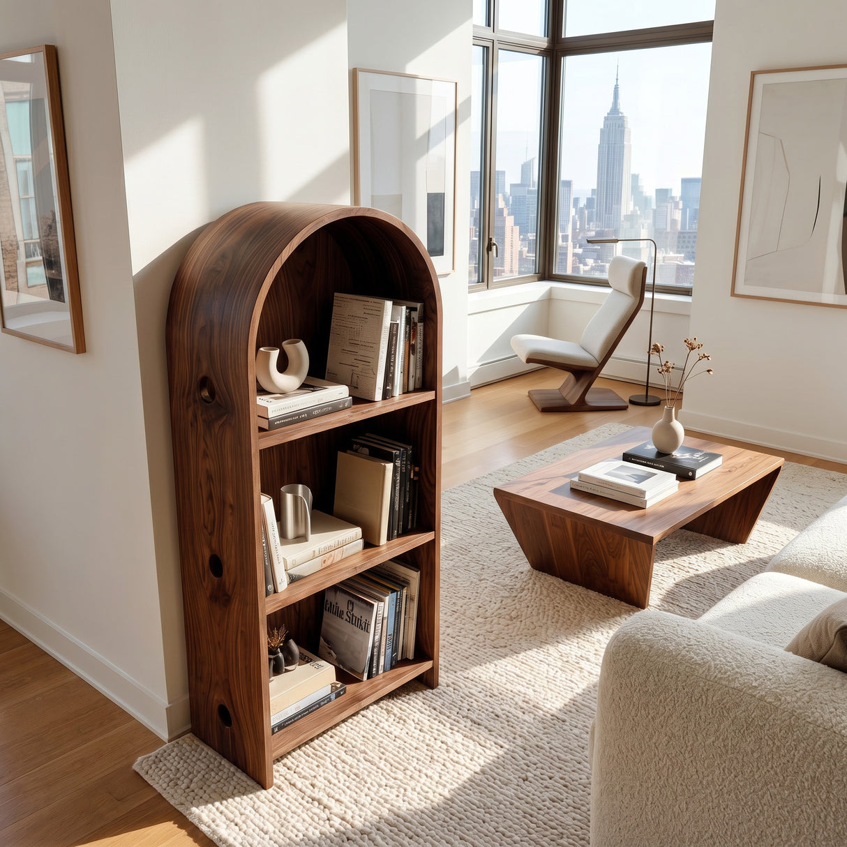 Minimalist Wooden Magazine Rack With Arched Form For Living