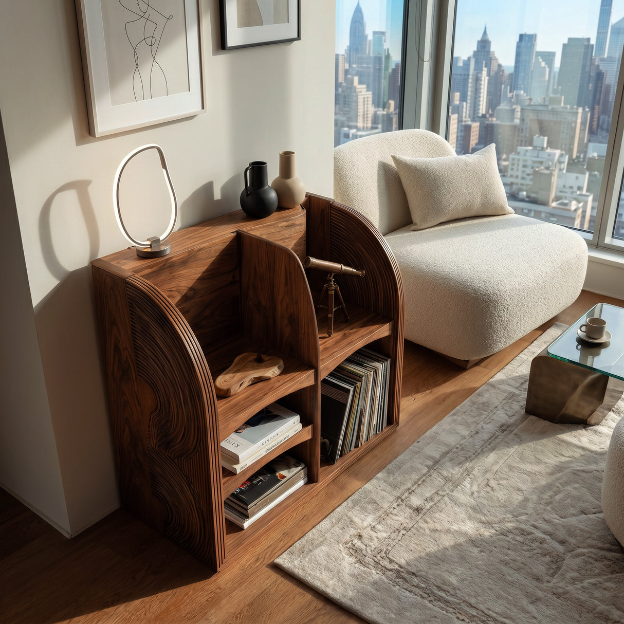 Modern Natural Wood Double-Arch Magazine Rack For Living Room
