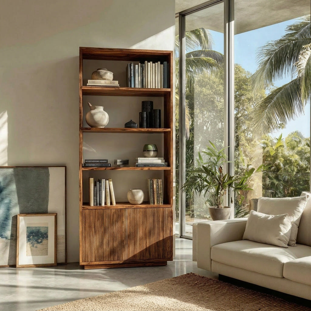 Minimal Wooden Bookcase For Coastal Living Room