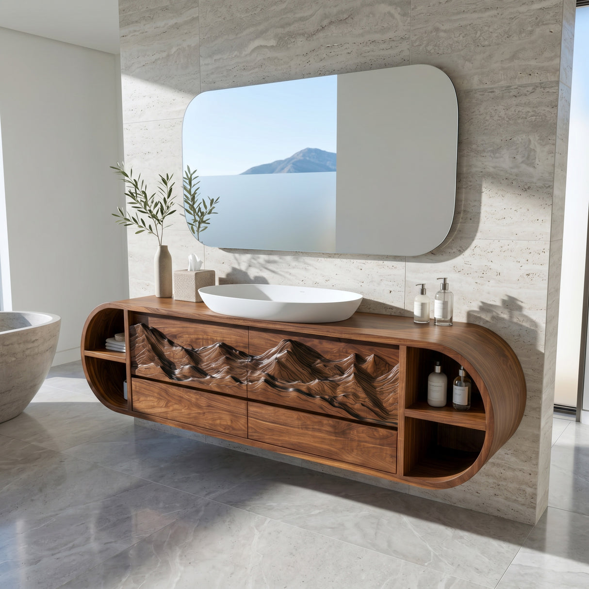 Modern Mountain Carved Floating Bathroom Vanity For Luxury Bathroom