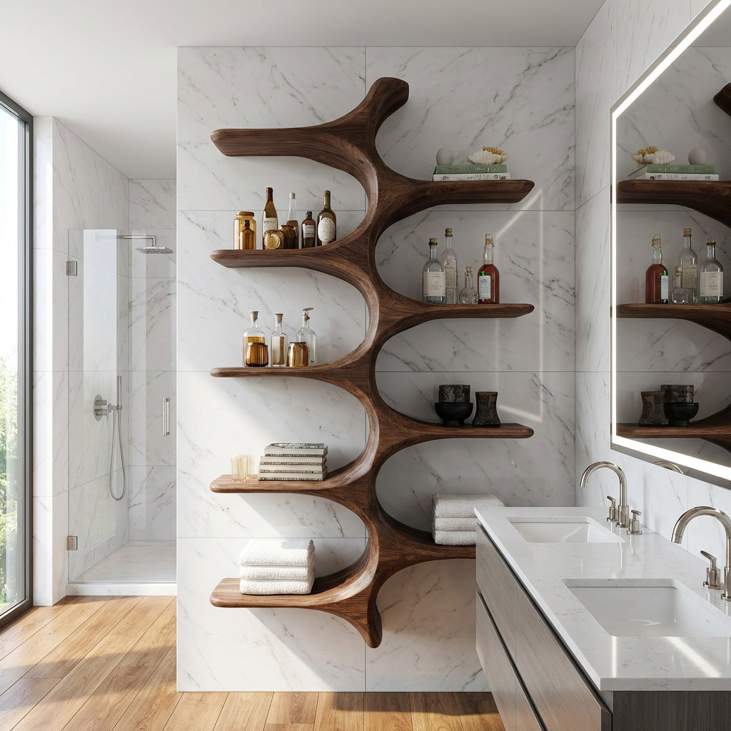 Organic Sculptural Natural Wood Bathroom Shelf For Spa