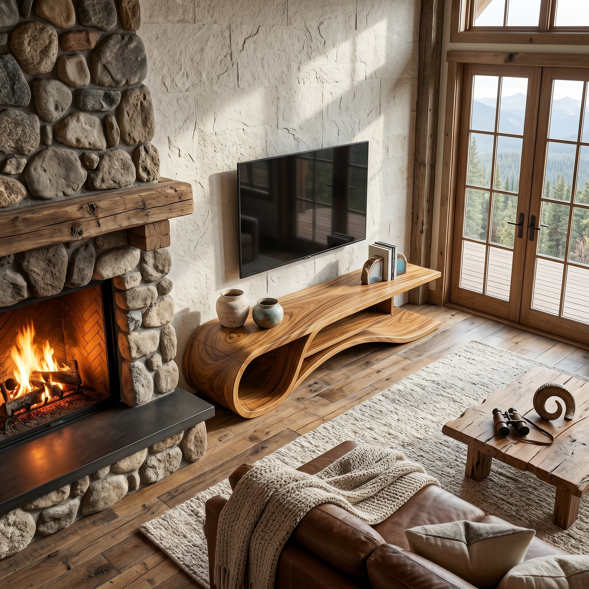 Rustic Curved Media Console For Mediterranean Interior