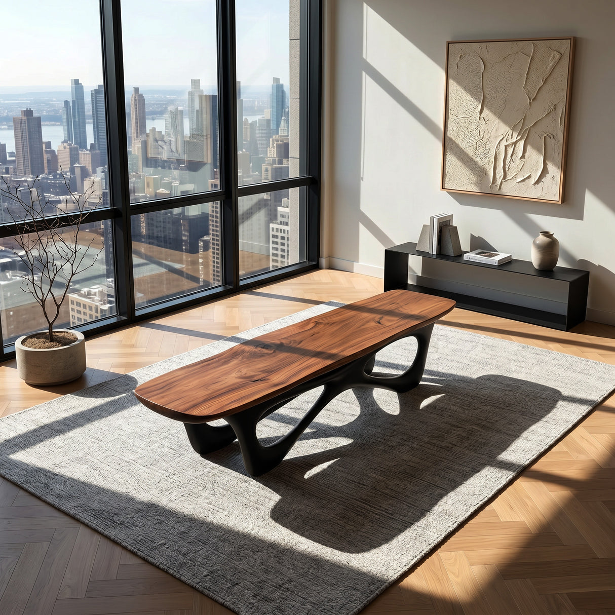 Curved Wooden Statement Bench For Modern Apartment