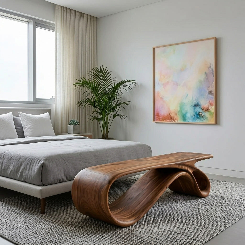 Curved Natural Wood Bench For Contemporary Living Room Decor