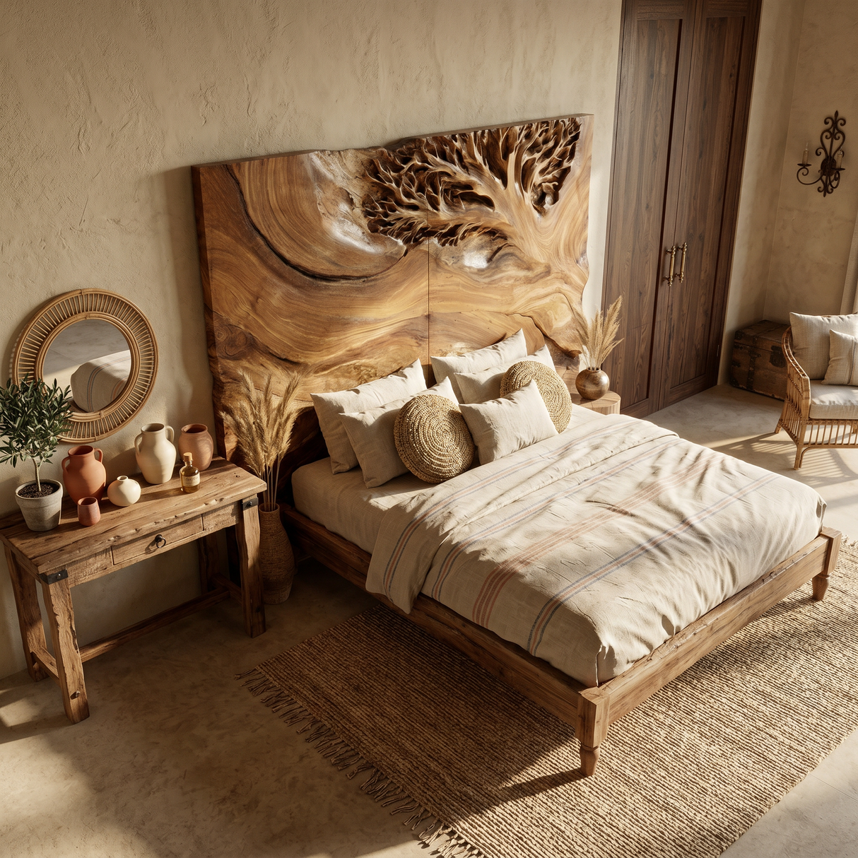 Organic Tree Sculpture Wood Headboard For Tropical Luxury Bedroom