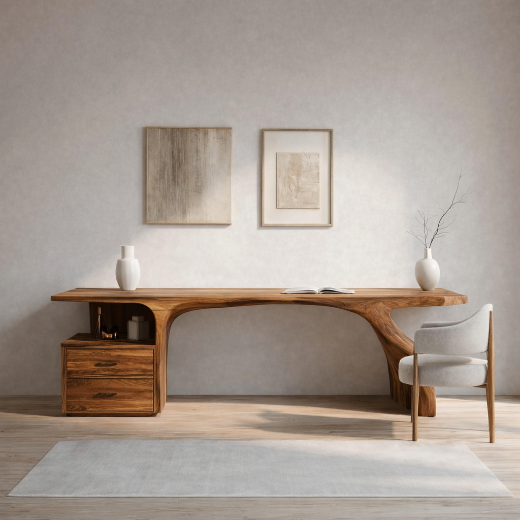Organic Live Edge Wood Desk With Storage Drawers For Workspace
