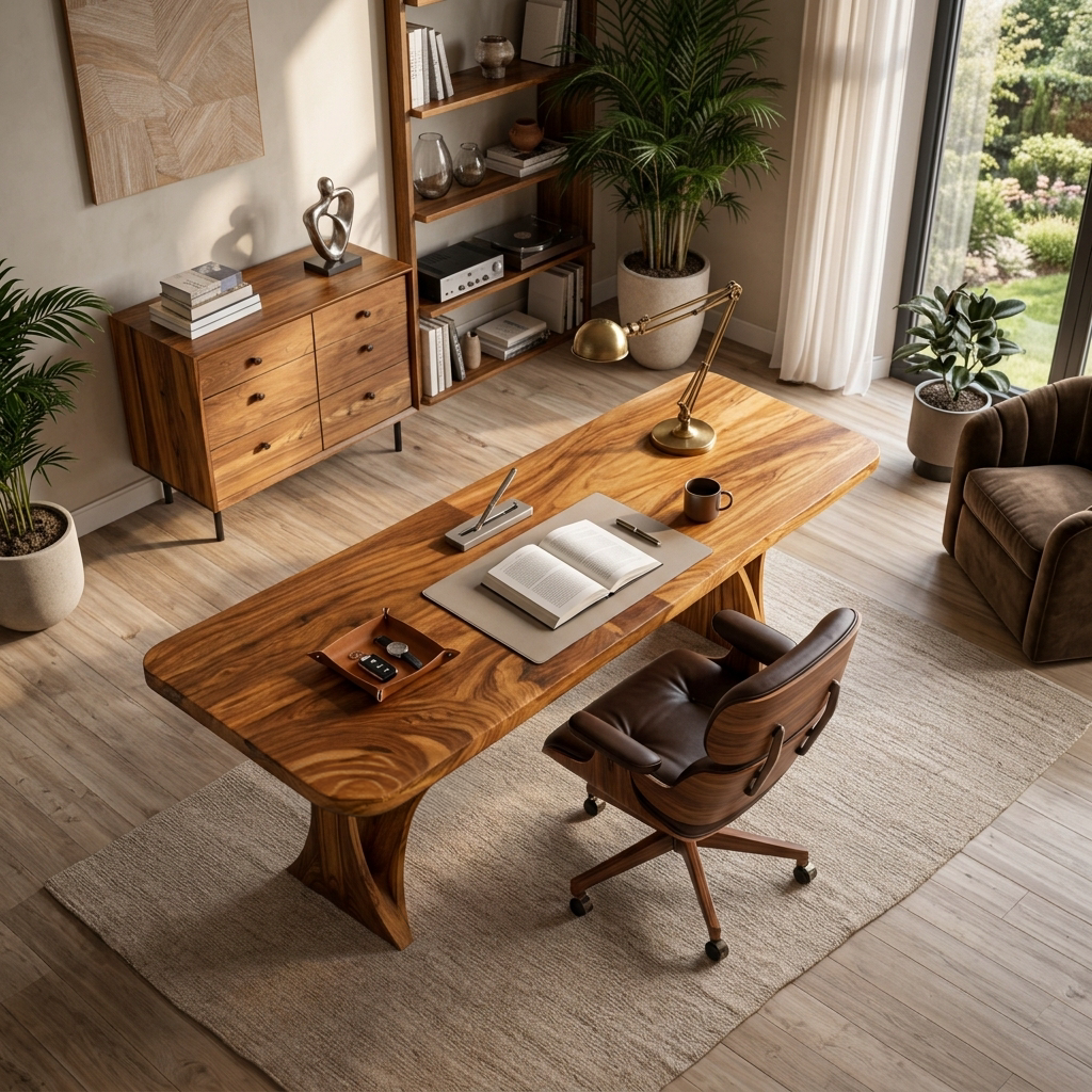 Handmade Wooden Desk With Unique Curved Base For Workspace