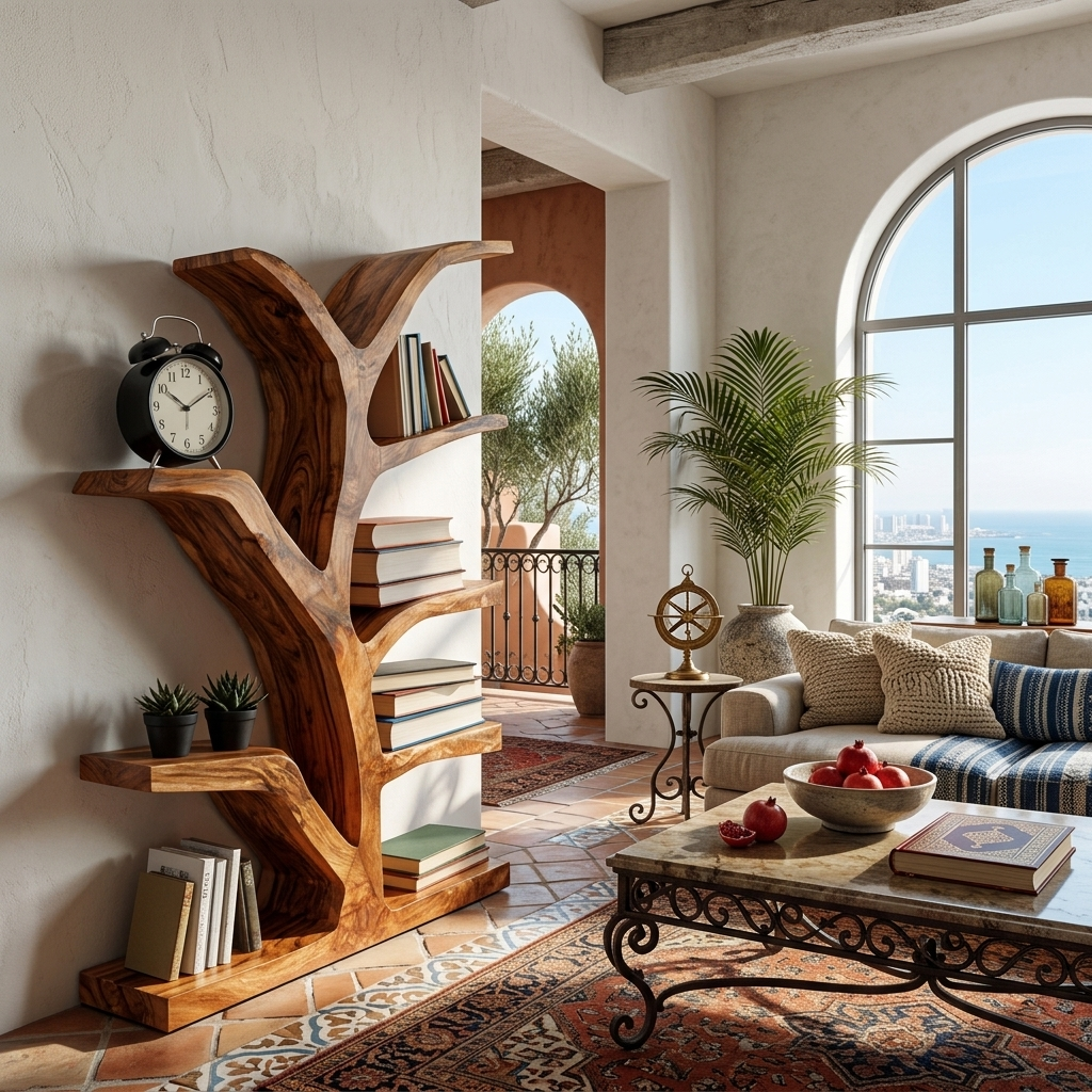 Wooden Bookshelf With Organic Form For Living Area