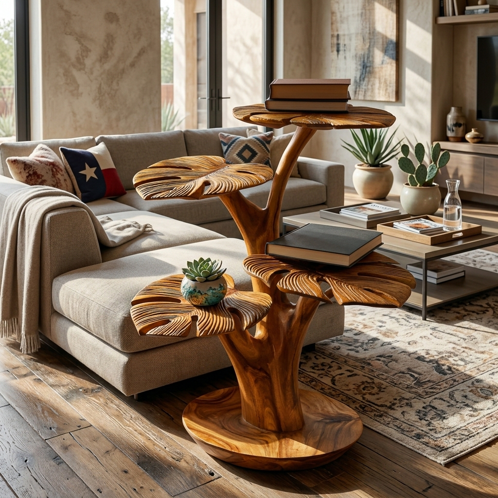 Organic Wooden Side Table With Multi-branched Tabletop For Home