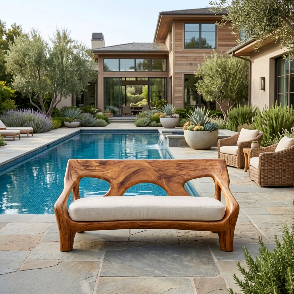 Modern Wood Sofa With Sculptural Open Frame For Living