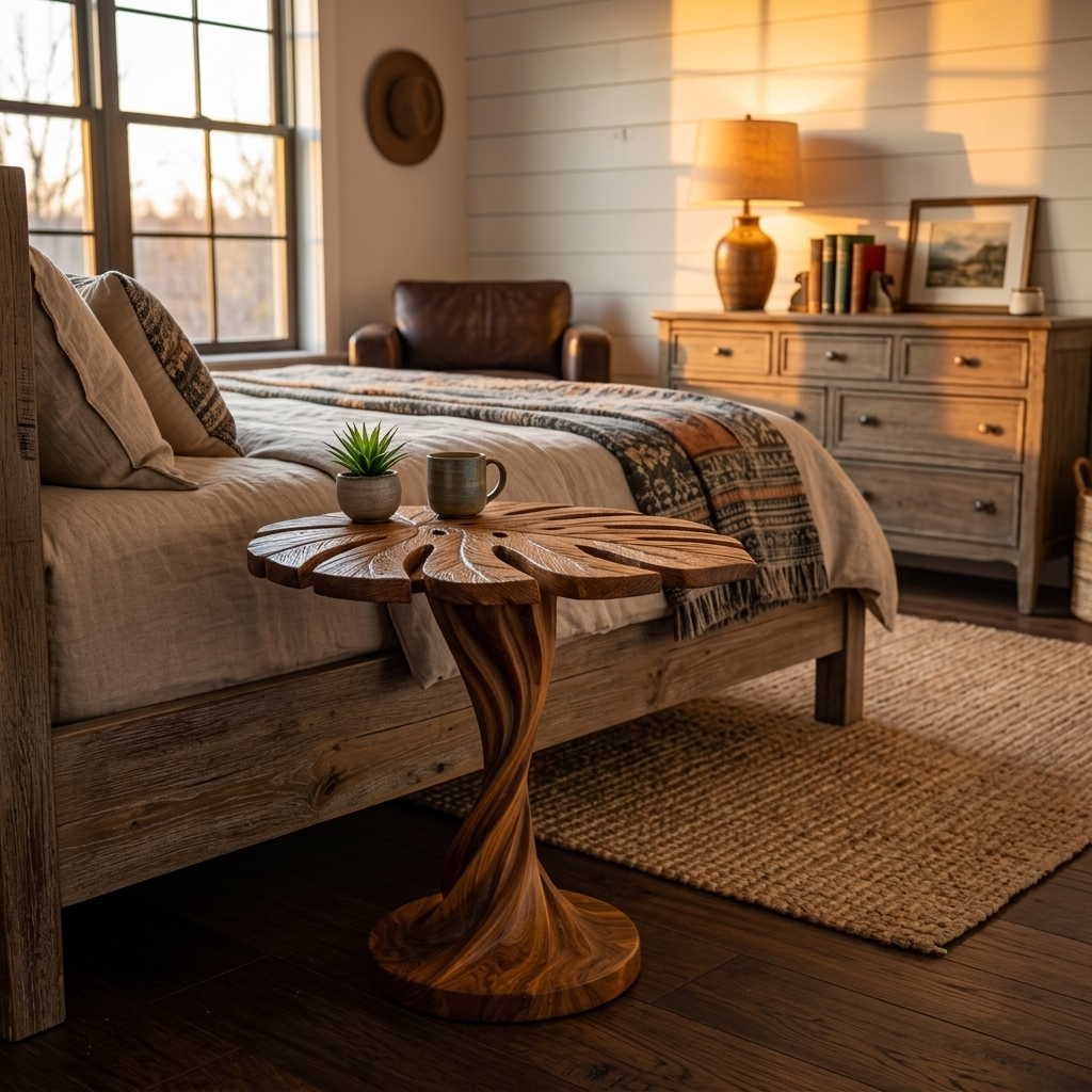 Modern Wood Side Table With Artistic Leaf Top For Living