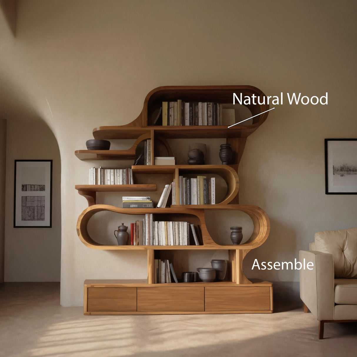 Modern Sculptural Bookshelf With Curved Design For Living Room Or Office