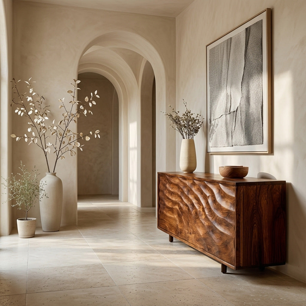 Contemporary Wooden Sideboard With Carved Doors For Home Interior