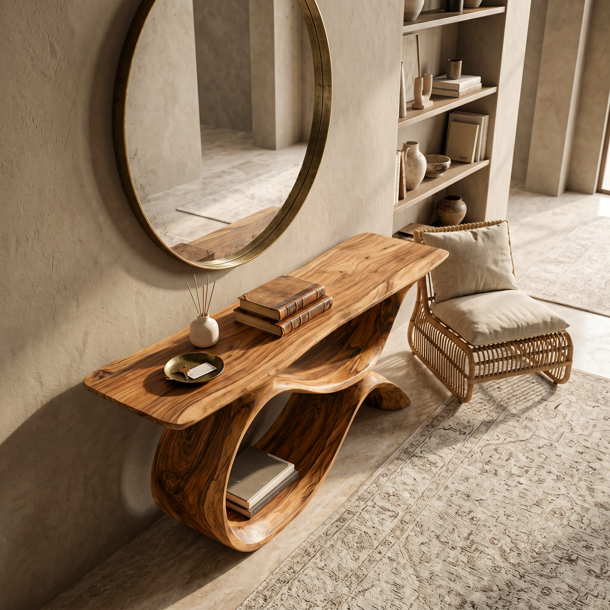 Modern Wooden Console Table With Curved Open Storage For Home