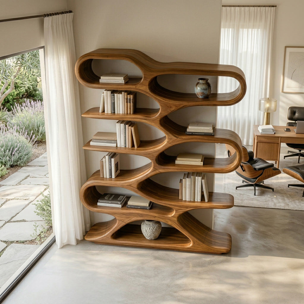 Organic Sculptural Wood Bookcase For Living Room Decor