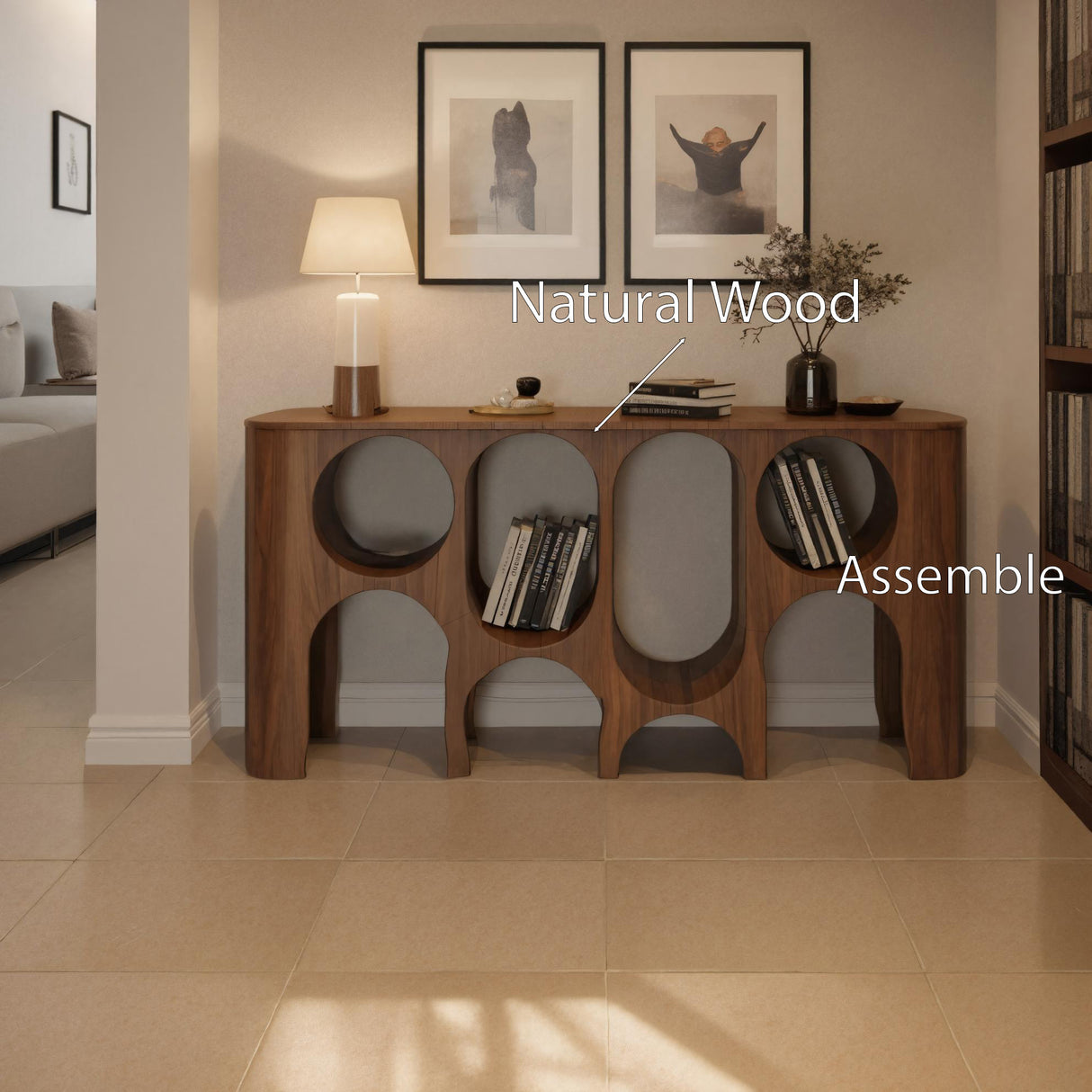 Modern Carved Console Table With Circular Cutout For Entryway