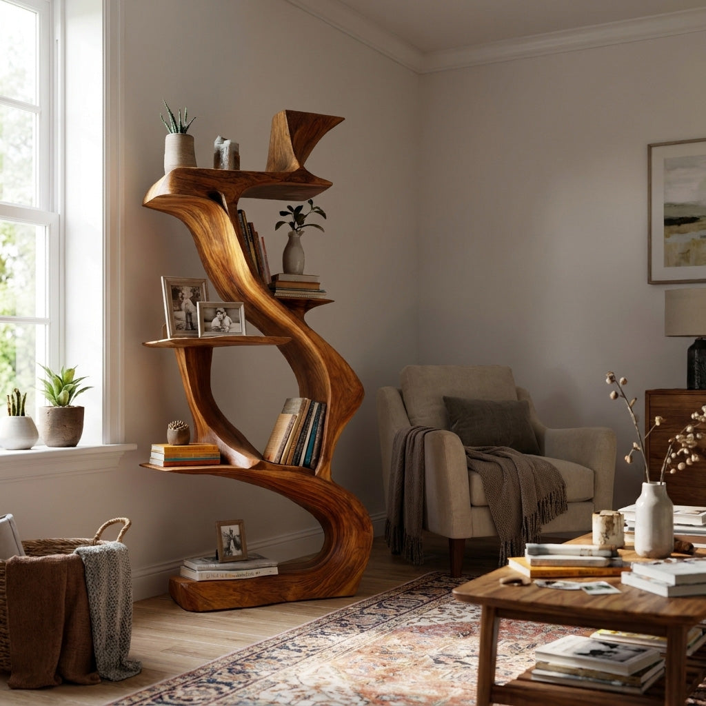 Sculptural Natural Wood Bookshelf For Living Room